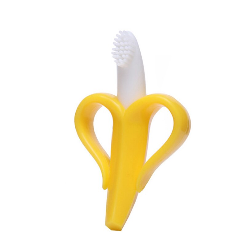 Cepillo de dientes de entrenamiento de silicona forma Platano, mordedor seguro sin BPA.